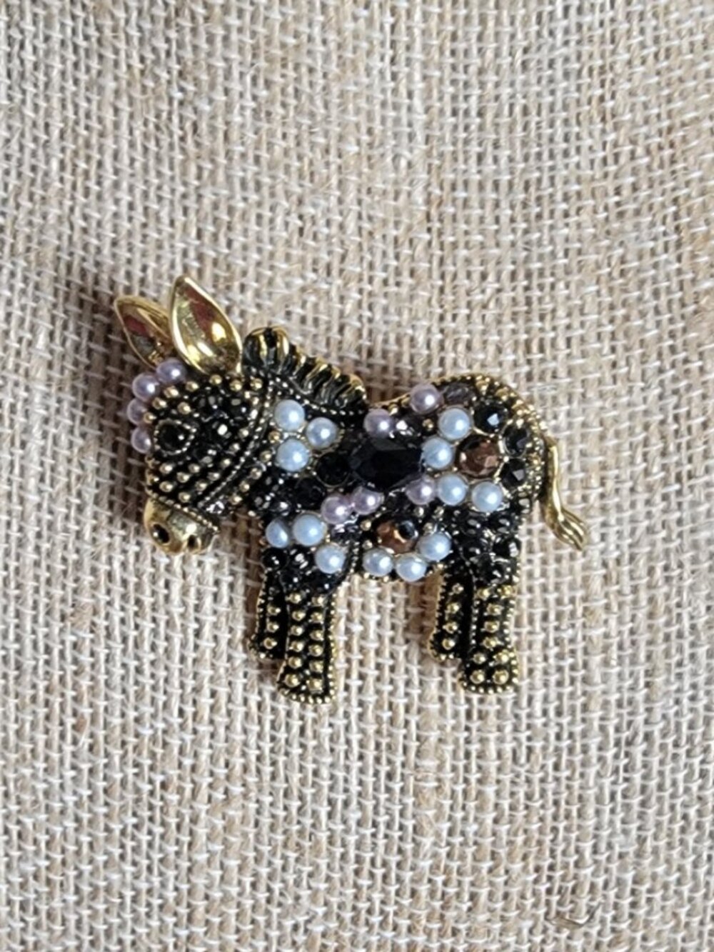 Encrusted Gems on Gold Tone Donkey Brooch